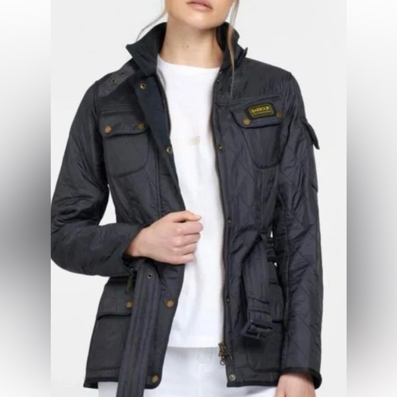 Barbour International Quilted Jacket Belted Black Women US Size 8 - Picture 2 of 16
